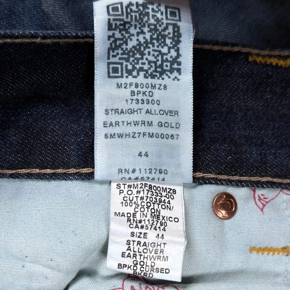 True Religion Jeans Mens 44x34 Straight Allover Earthworm Gold Cursed Blue Denim